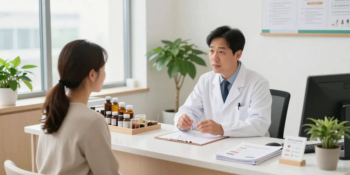Consultation at 영통한의원 with a healthcare professional discussing treatment options in a welcoming clinic environment.