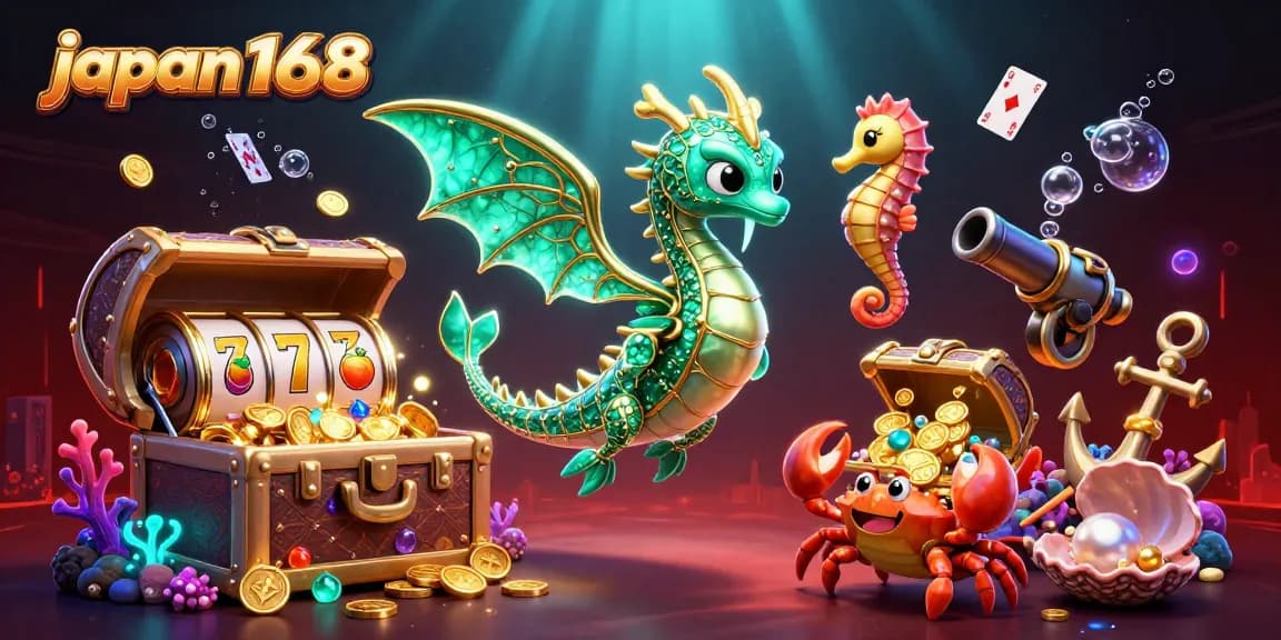 Experience the vibrant action at japan168 with colorful slot reels, gold coins, and a dynamic sea dragon scene.