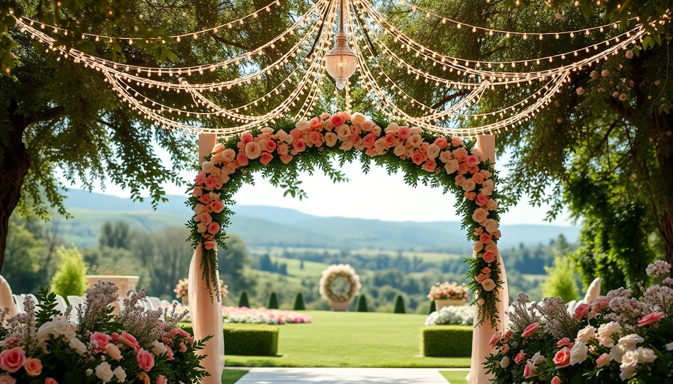 Weddings Venue beautifully decorated in a lush garden with fairy lights and an elegant arch.