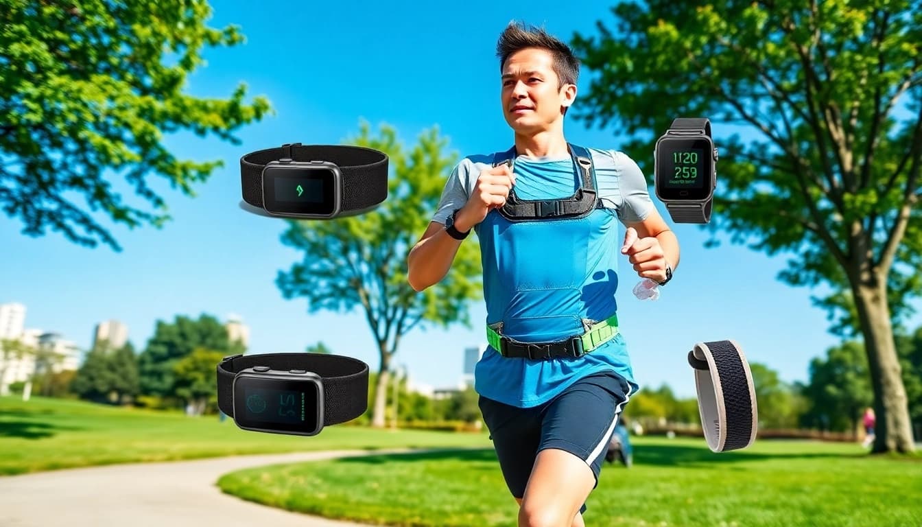 Runner showcasing running accessories like hydration belts and smartwatches in a vibrant park.