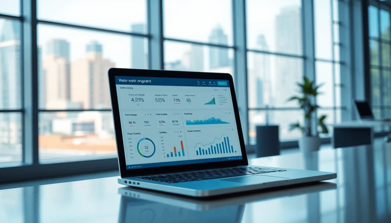 Visualize a water management interface at https://reticmanager.com with data analytics in a modern office setting.