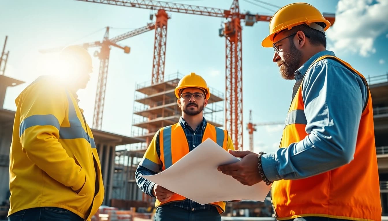 New York Commercial General Contractor managing a busy construction site with workers and equipment.