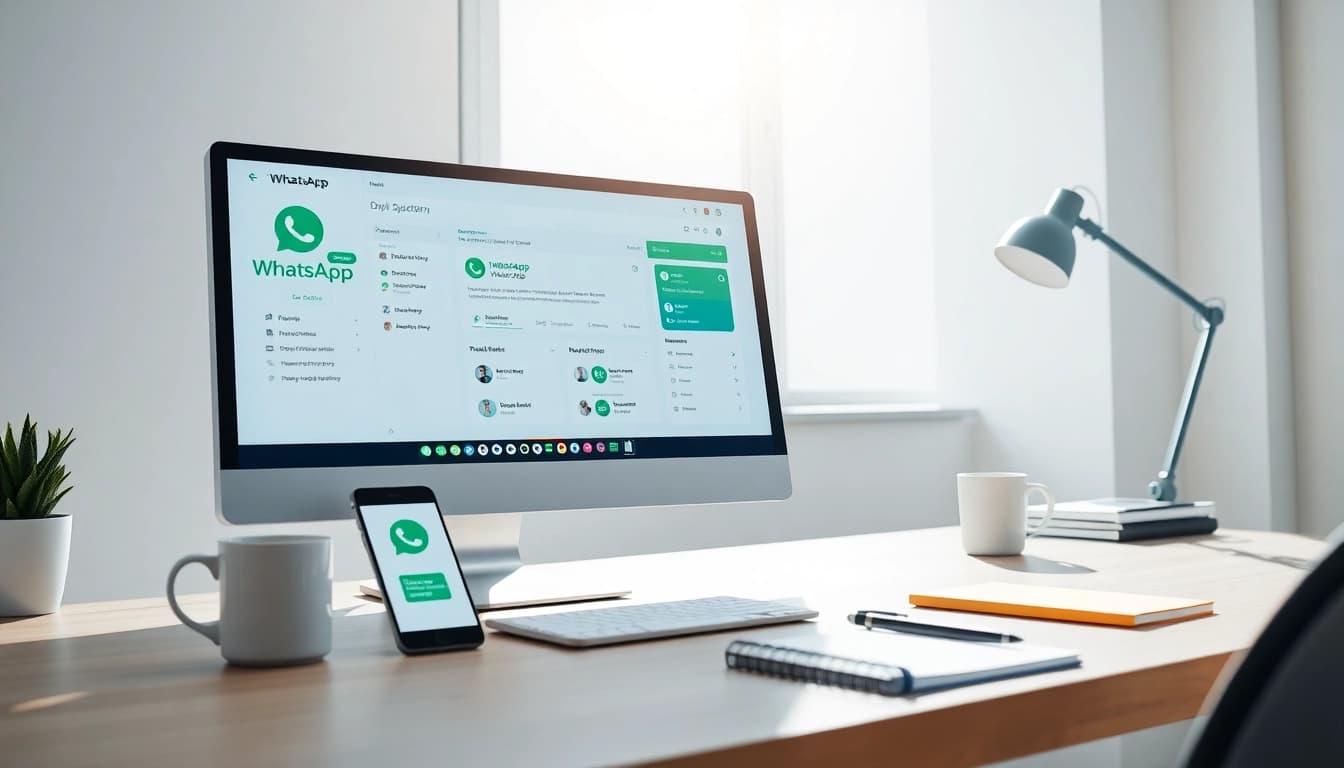 View of a professional workspace showcasing https://whatalker.com on a computer screen, emphasizing productivity and modern communication.