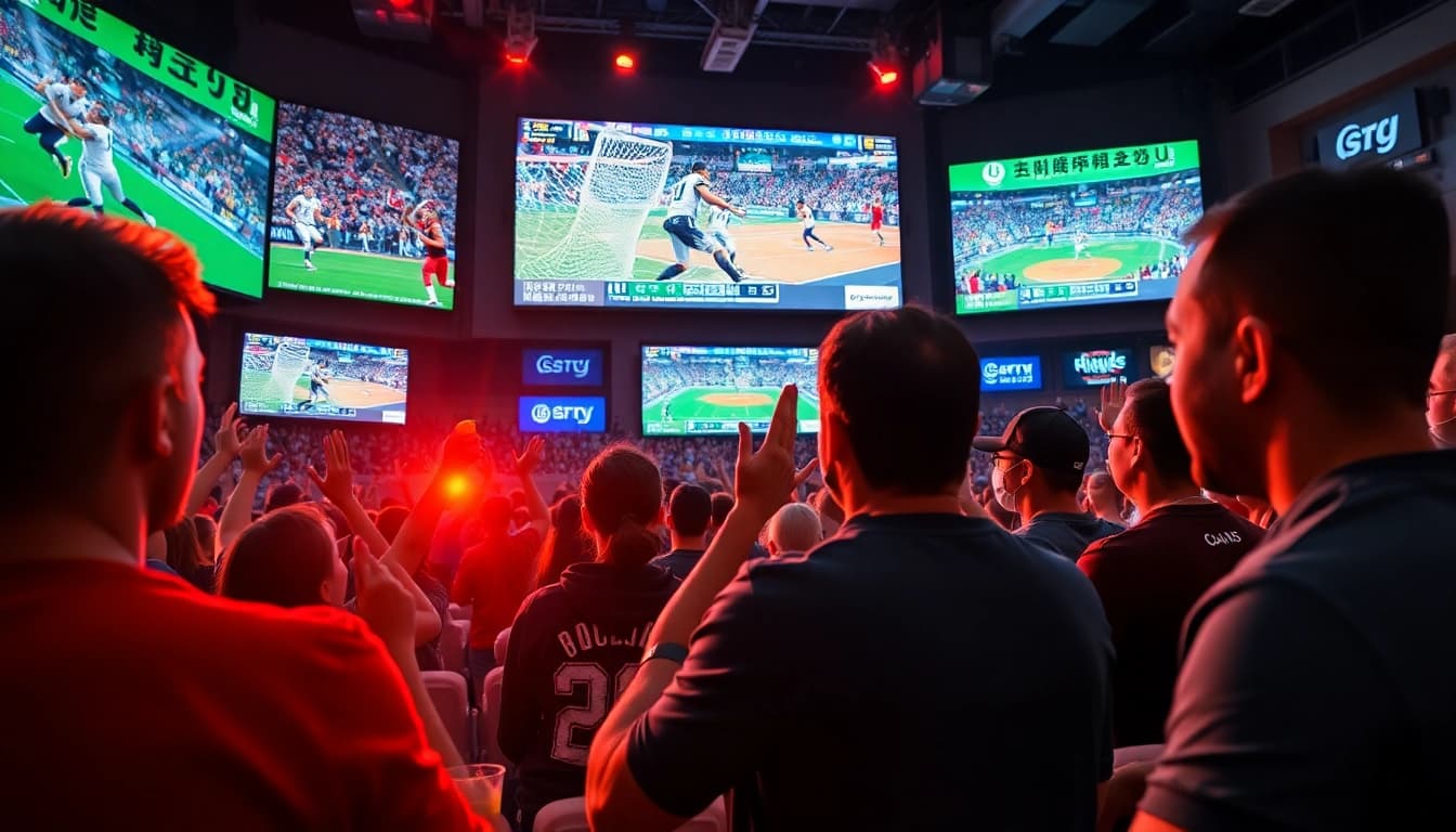 Engaging scene of sports fans enjoying live broadcasts on 토토티비 in high-definition, showcasing excitement and community.