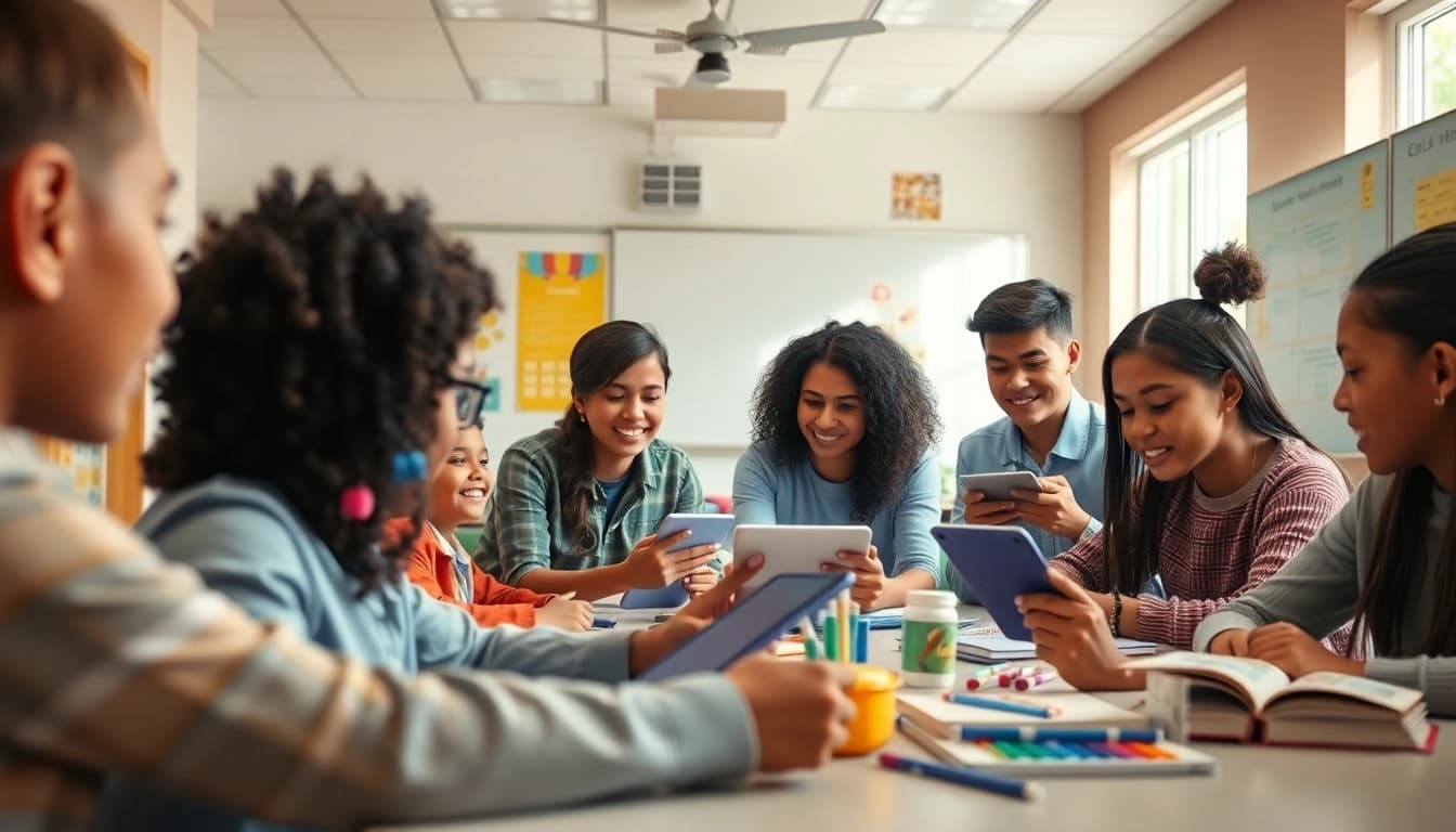 Dynamic education scene with students collaborating in a modern classroom