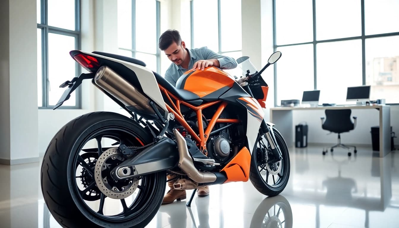 Motorrad Ankauf mit Experten in einem modernen Büro, fokussiert auf die KTM über die Qualität der Motorradbewertung.