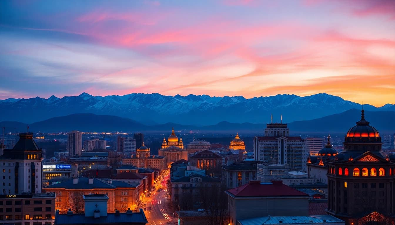Experience the stunning skyline of Almaty, Kazakhstan at dusk from https://albmaftoh.com, highlighting majestic mountains.