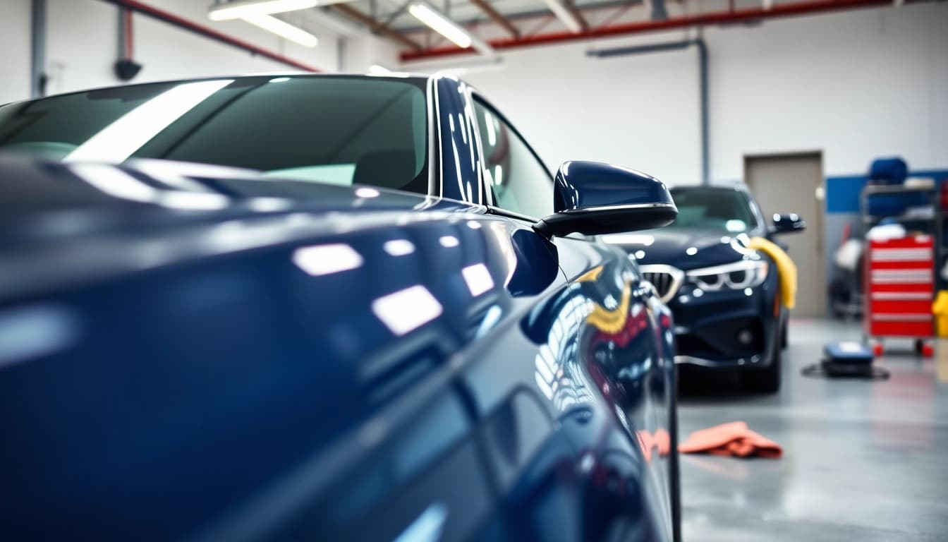 Performing a full car detail on a sleek vehicle in a bright garage.