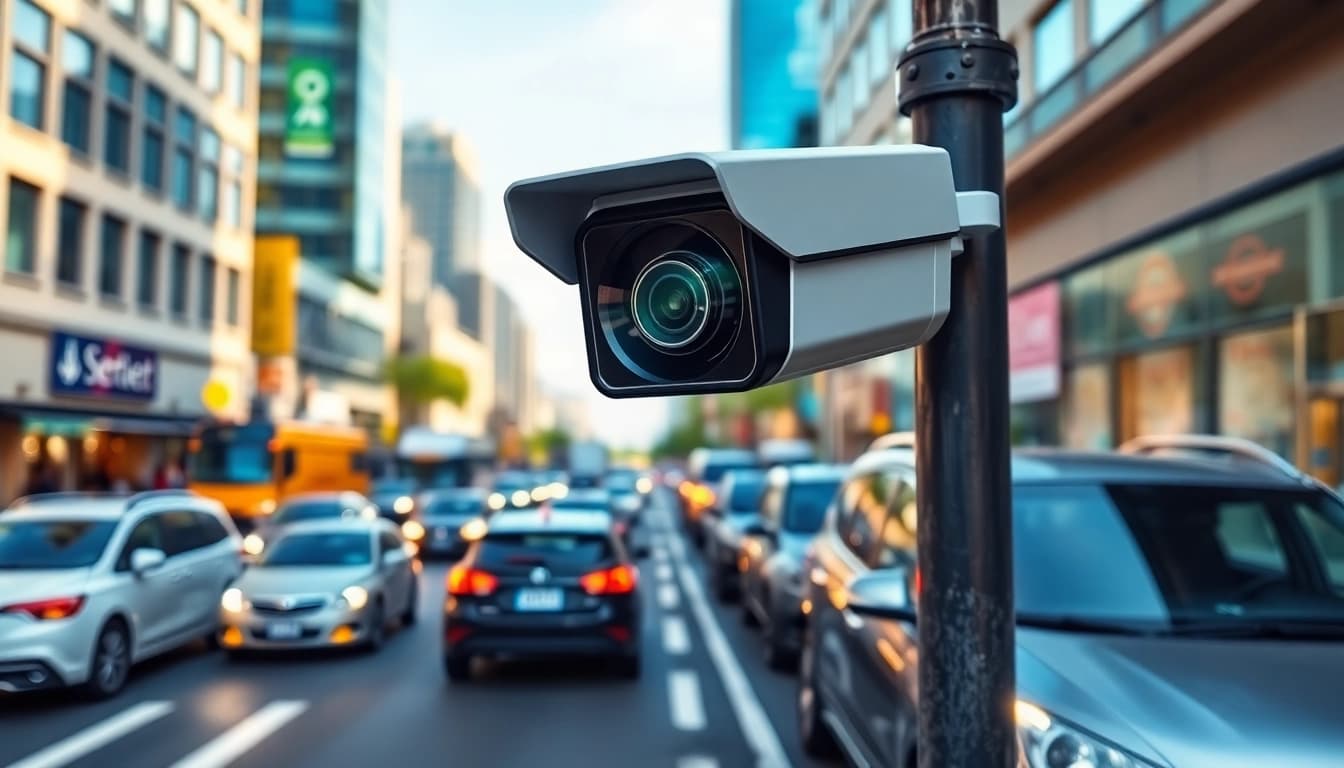 License plate recognition camera installed in an urban environment monitoring traffic.