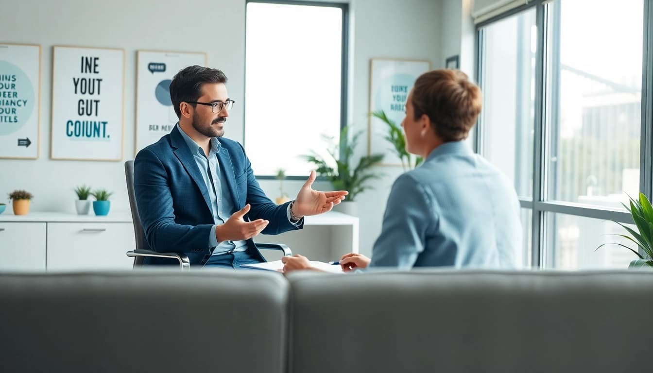 business coach near me guiding a client during a coaching session in a modern office