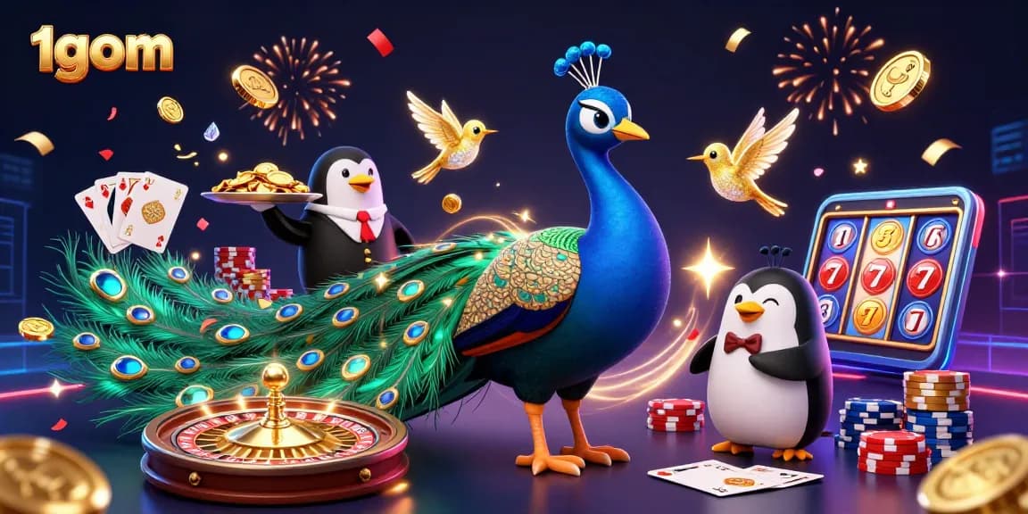 Engage with 1gom's vibrant casino scene featuring a peacock, penguin, and hummingbird amidst cascading coins.