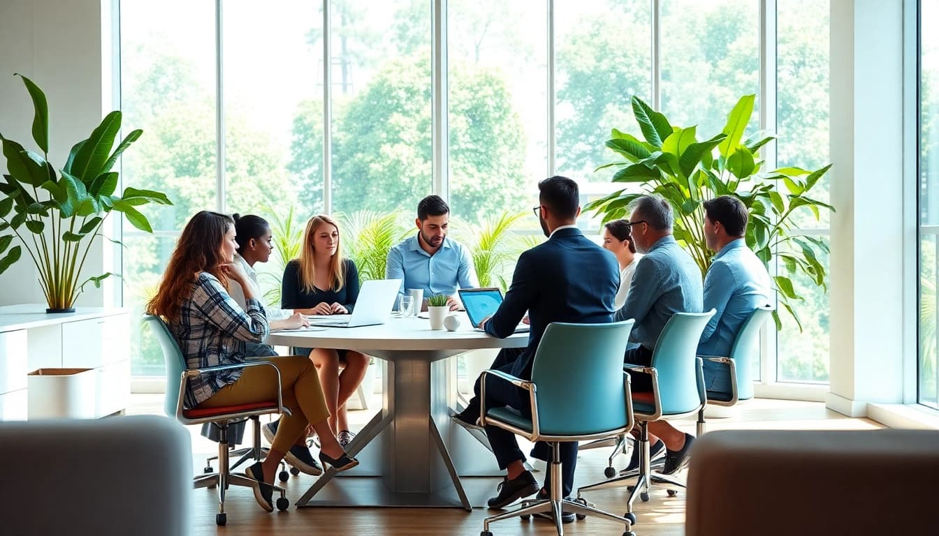 Agency professionals collaborating in a modern workspace emphasizing teamwork and innovation.