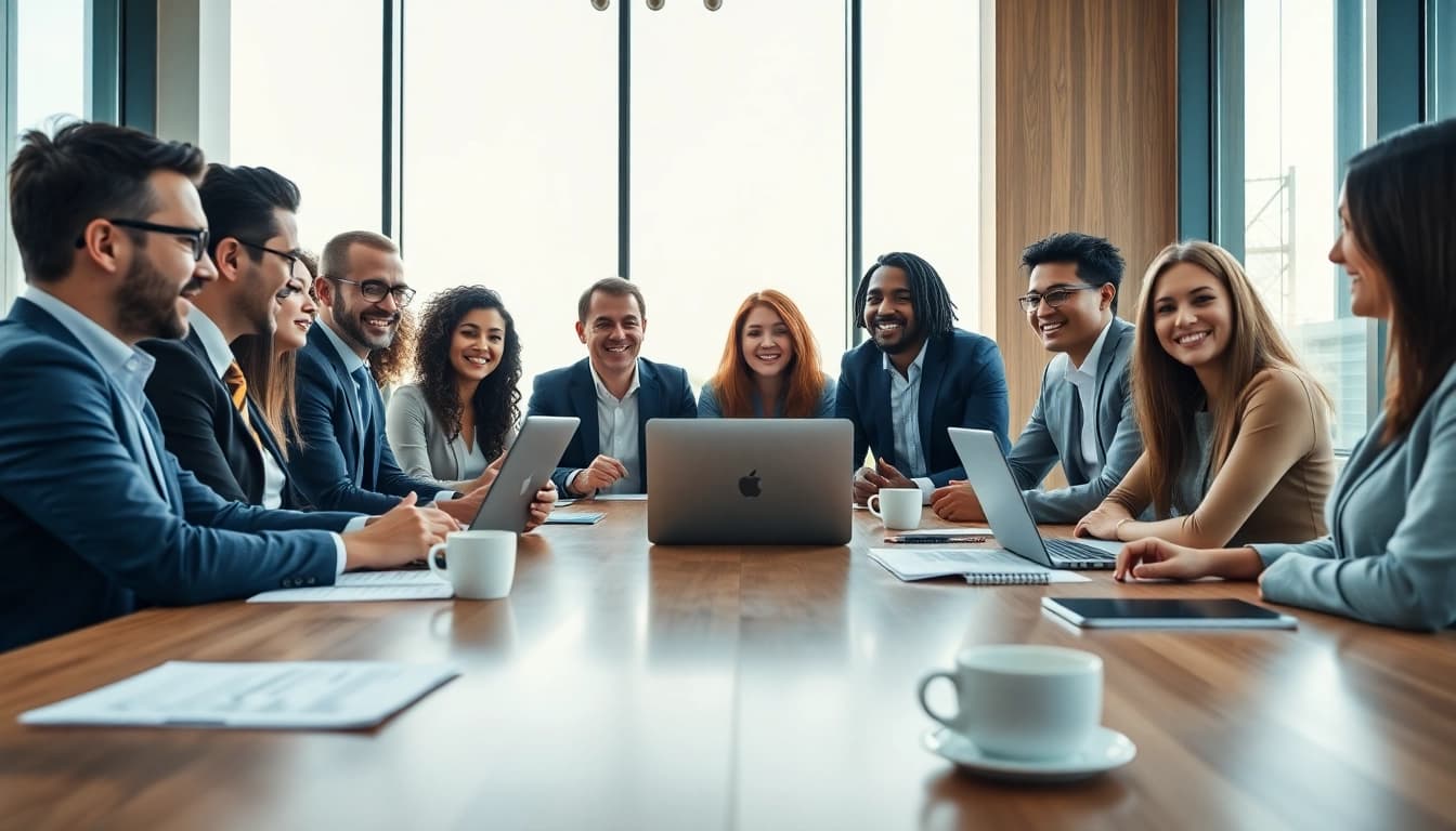Hire sales reps showcasing a professional team engaging with clients in a bright office.