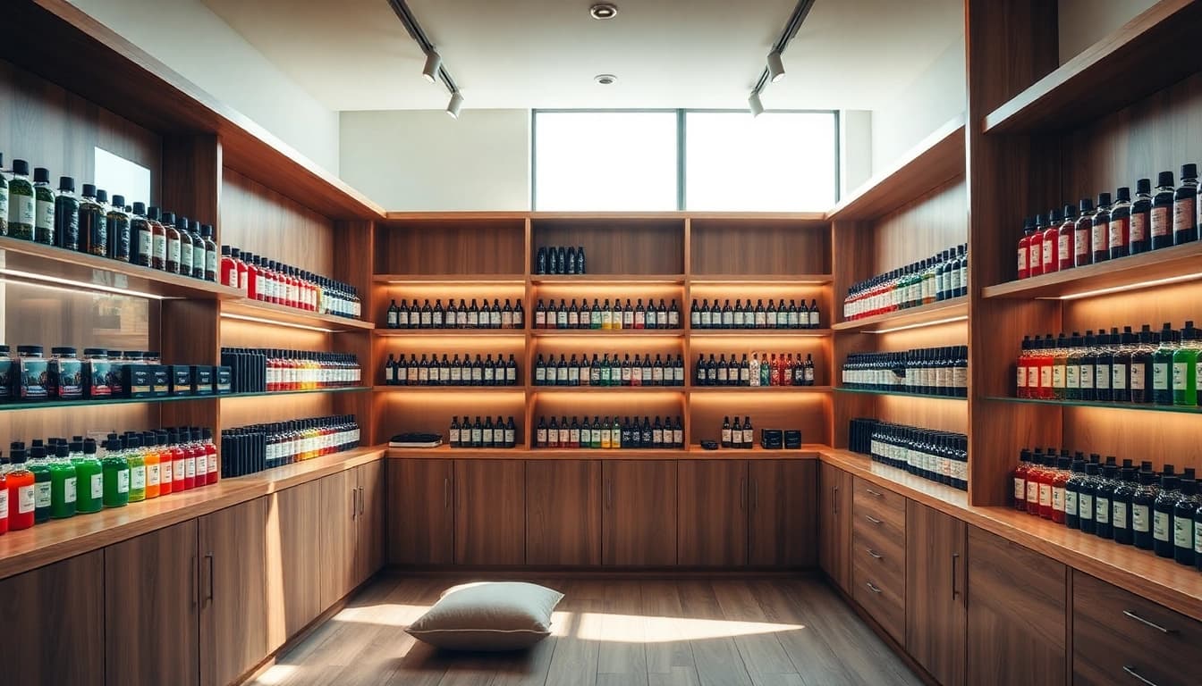 Vape shop mit einer Vielzahl an E-Liquids und Modernen Vape-Geräten auf eleganten Regalen.