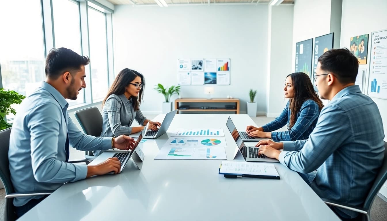 Team discussing marketing strategies in a vibrant Agency setting with modern decor.