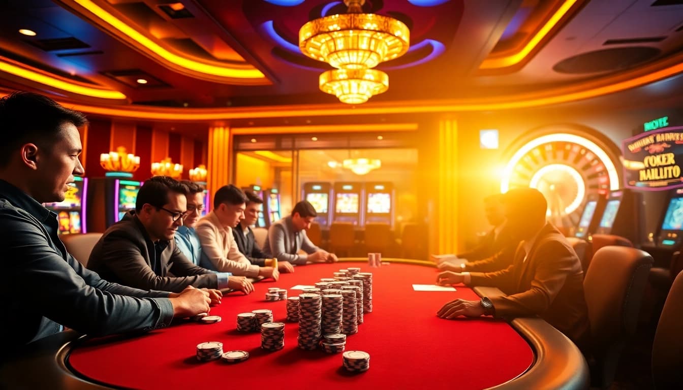 Joueurs de casino en ligne profitant d'un poker à enjeux élevés à une table élégamment éclairée.