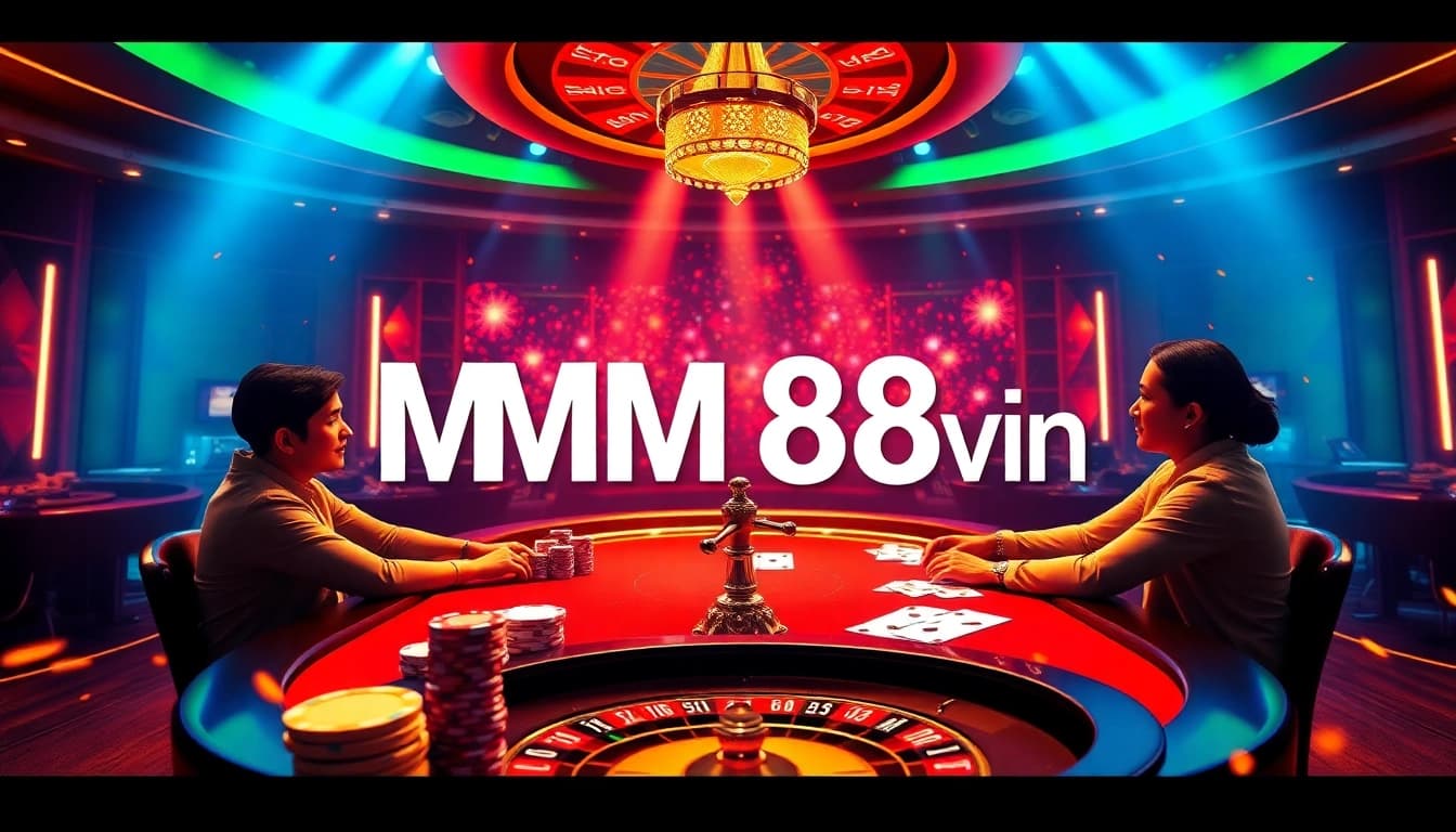 Experience the thrill of online gambling with https://mm88.vin/, featuring vibrant casino elements like poker chips and a roulette wheel.
