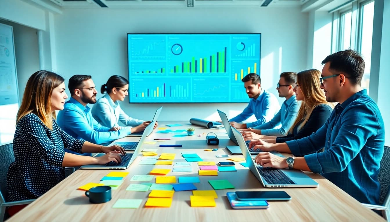 Brightet team collaborating in a vibrant office, showcasing teamwork and innovation.
