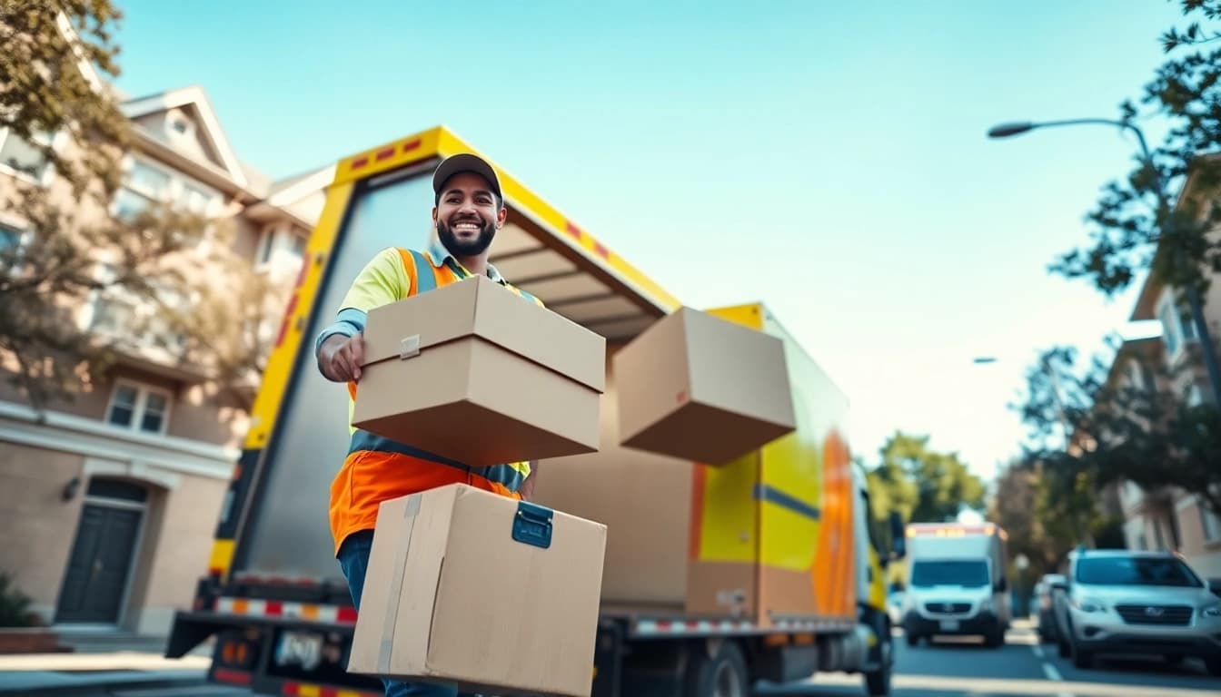 Moving companies across provinces transporting boxes with a friendly team in a city environment.