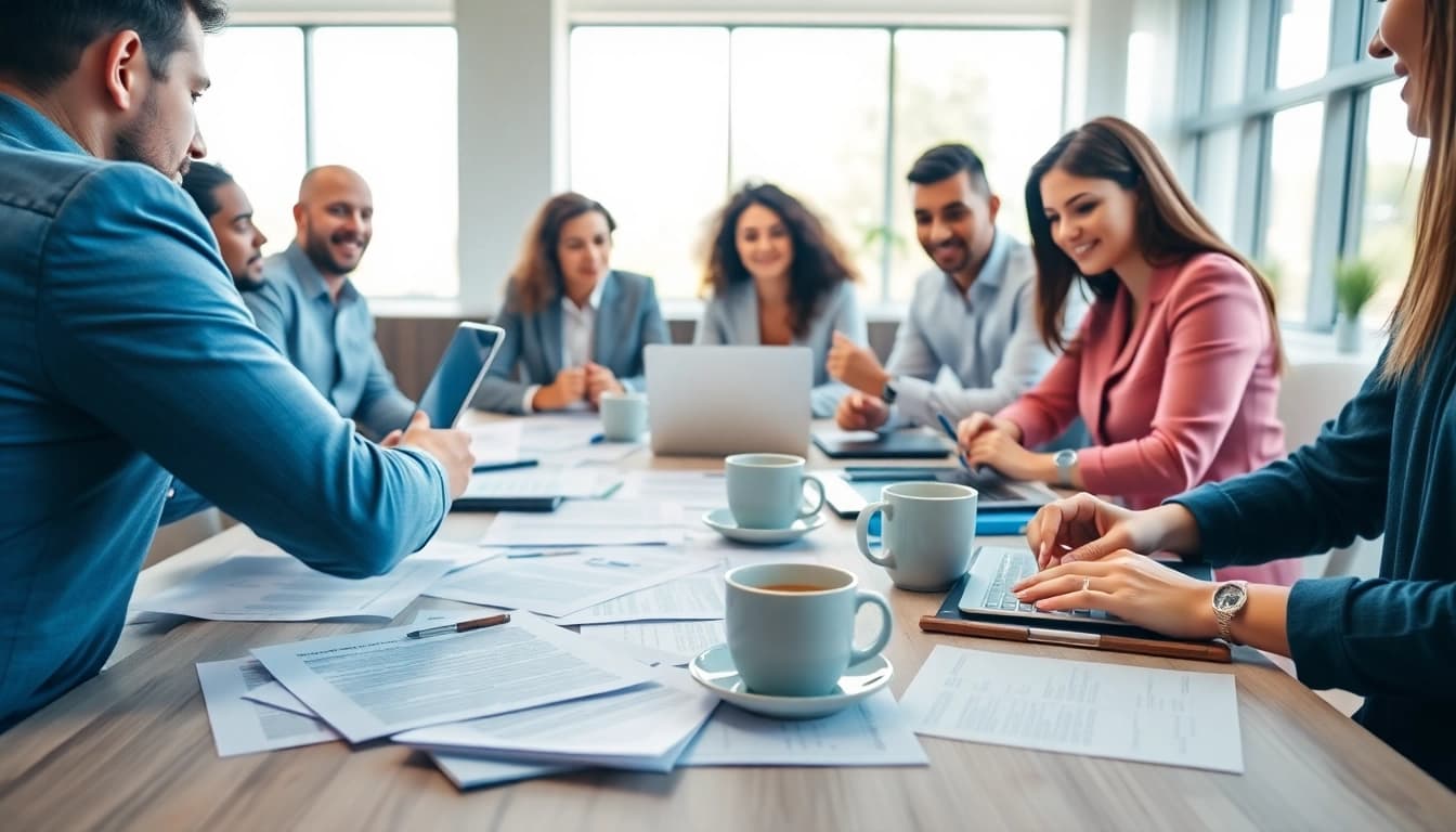 Collaborative scene of proposal writing and management showing a diverse team at work.