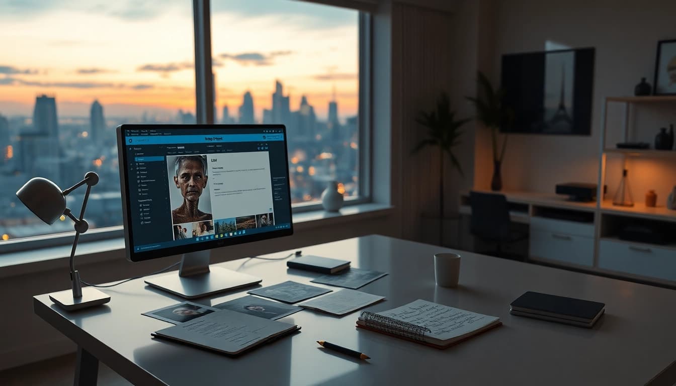 Image to prompt generator in a modern studio with AI tools and city skyline