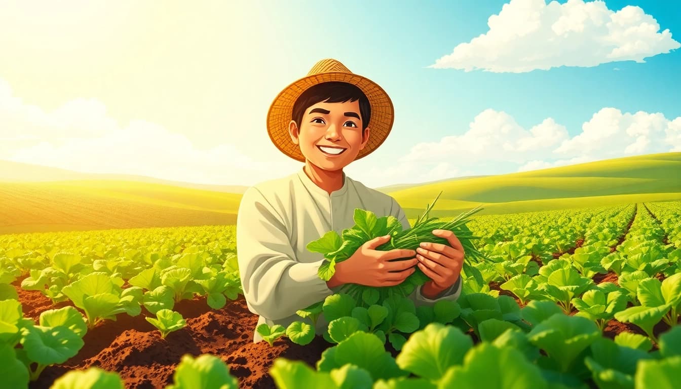 Petani toto bersemangat memanen hasil pertanian di ladang yang subur.