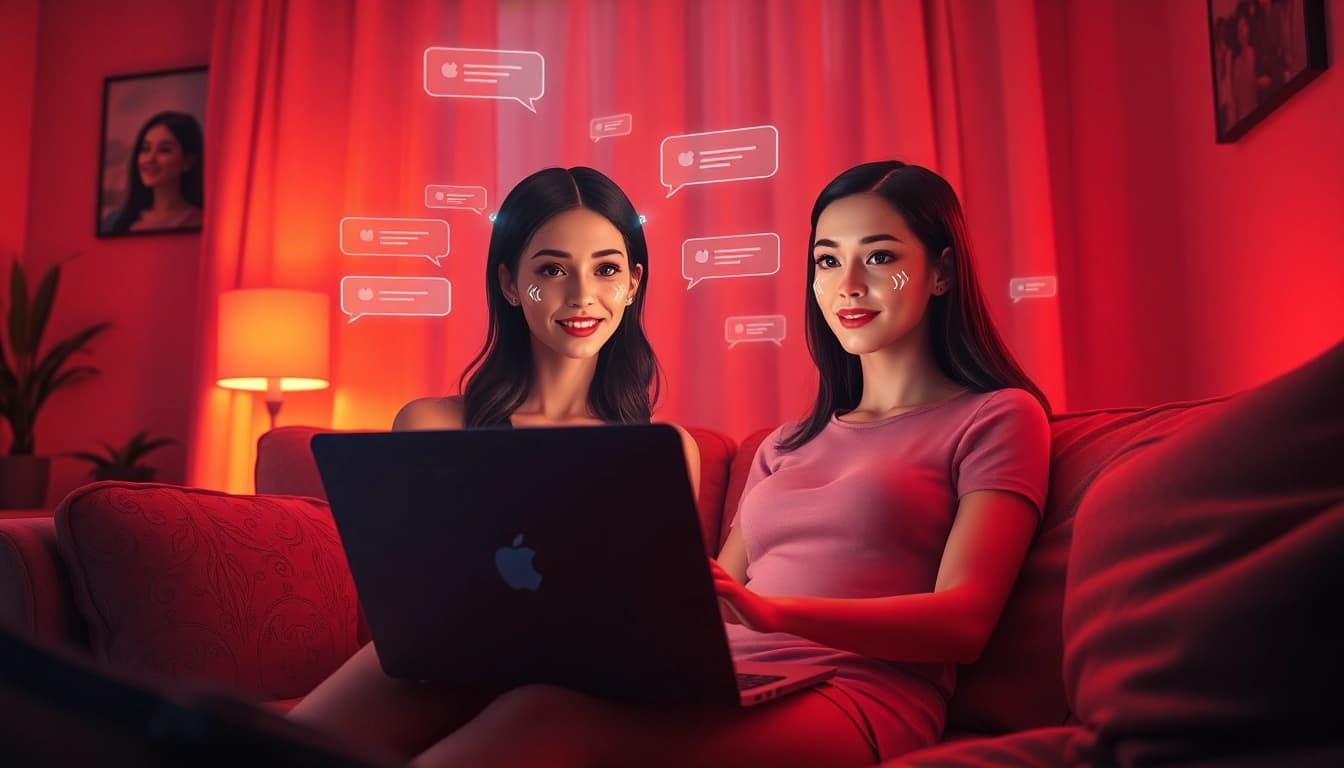 Engaging scene of a user interacting with an NSFW AI girlfriend on a laptop, highlighting intimate, warm ambiance.