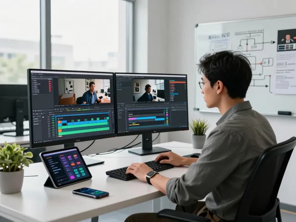 Transform video to prompt technology in a modern workspace, showcasing AI analysis and editing.