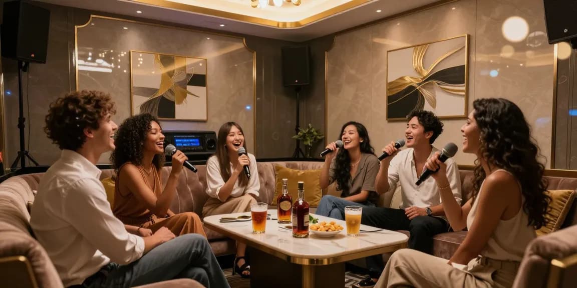 강남가라오케의 고급스러운 룸에서 친구들이 즐겁게 노래하는 모습과 세련된 인테리어를 담은 사진