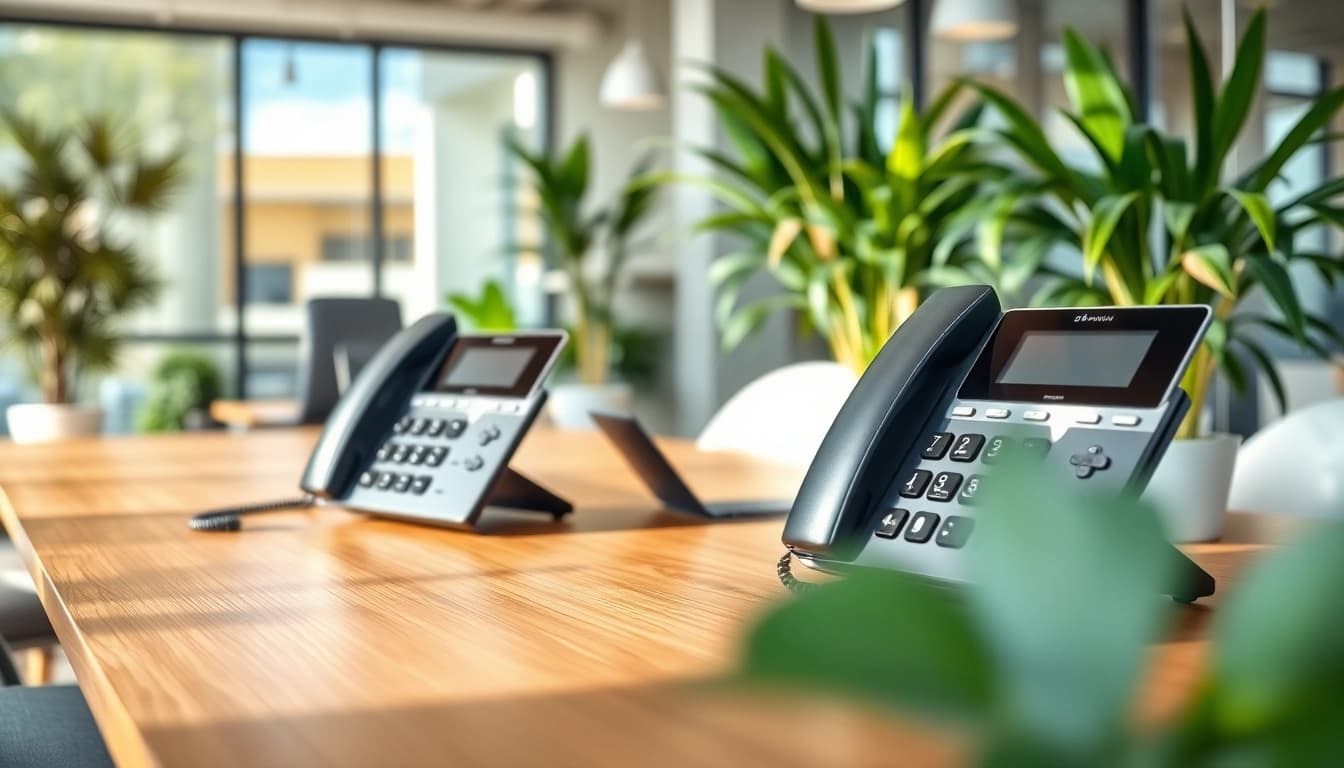 Showcase a business phone in a professional office, highlighting advanced features and modern design.
