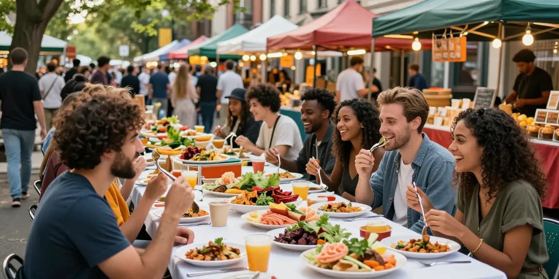 Friends enjoying diverse food experiences at a street market, showcasing vibrant cultures, https://forumup.org/shop/search.php?ca_id=&addr1=&addr2=&addr3=&schKeyword=.