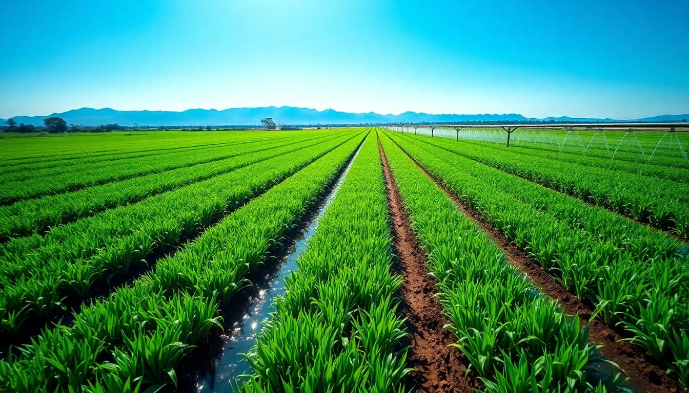 Land irrigation system actively watering lush crops in a vibrant agricultural landscape.