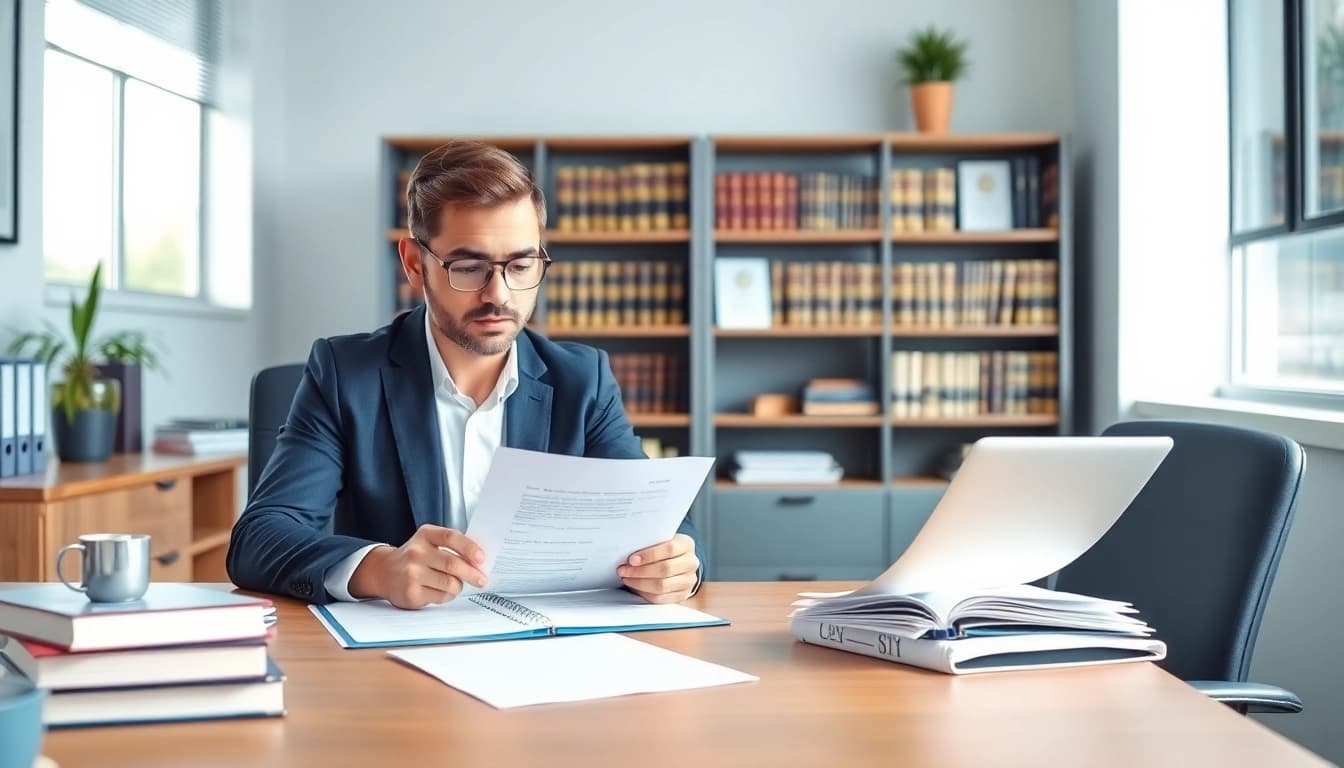 Traductor jurado working diligently in a professional office, translating official documents.