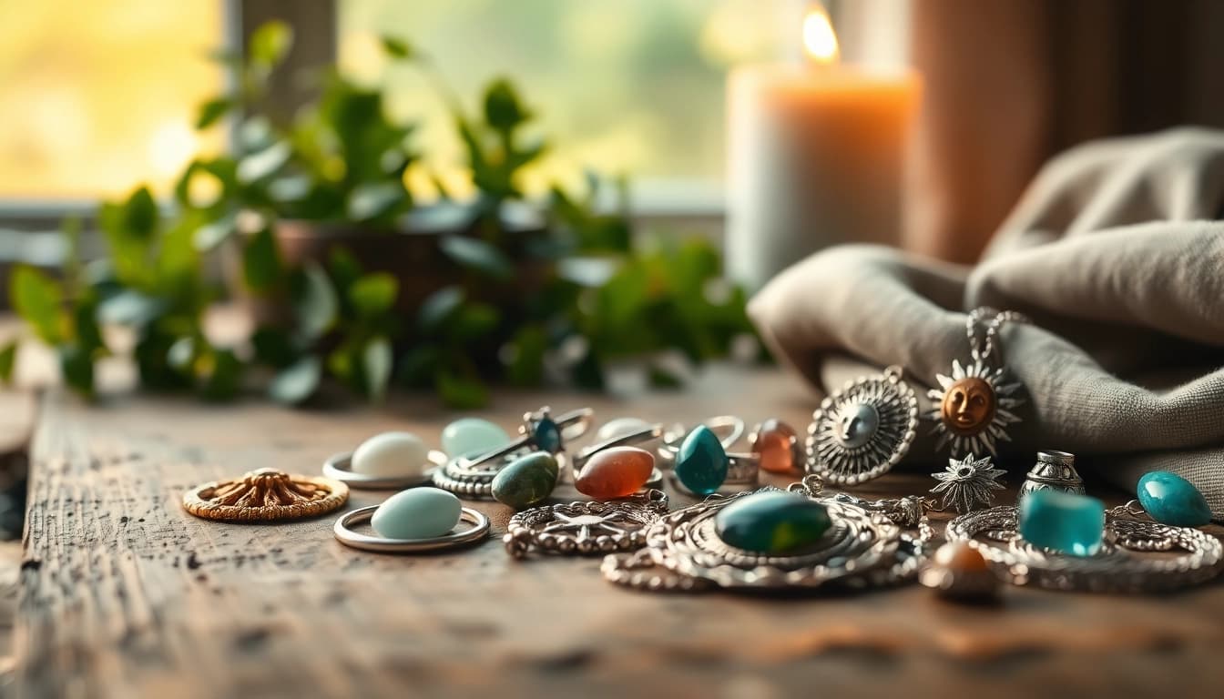Showcasing elegant spiritual jewelry with healing gemstones and intricate designs on a wooden table.