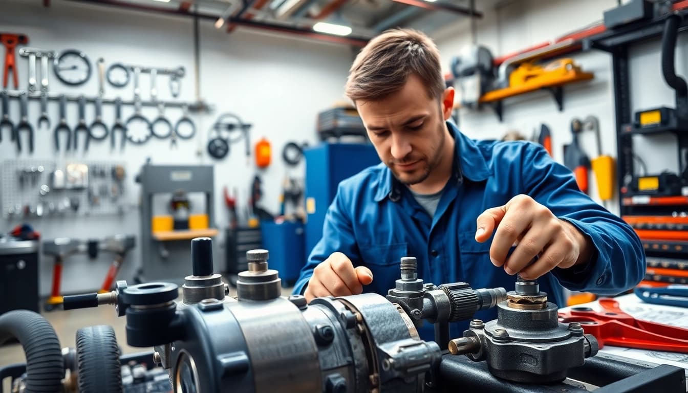 Technician performing mobile hydraulic services on hydraulic equipment in a busy workshop.
