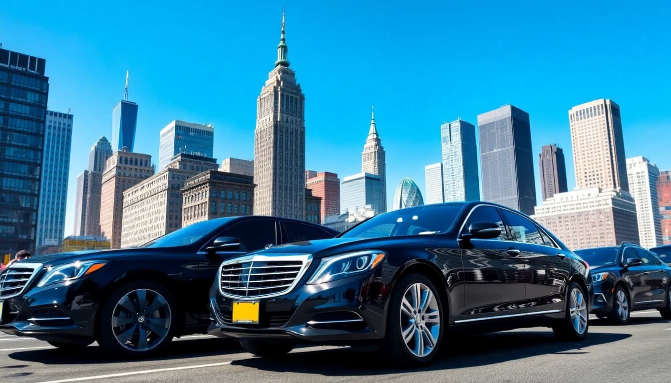 Top-notch Car service nyc featuring luxury vehicles against NYC skyline.