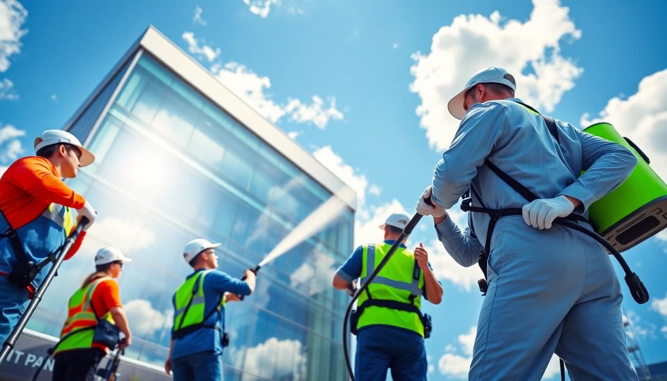 Professioneller Gebäudeservice mit https://nm-gebäudeservice.de zeigt Reinigungsteam bei der Fassadenpflege.