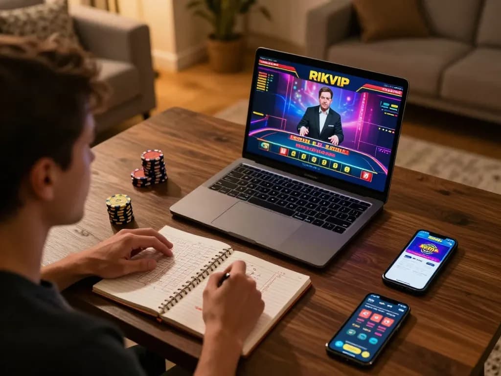 Player experiences RIKVIP live dealer game on a laptop, showcasing strategic online gambling.