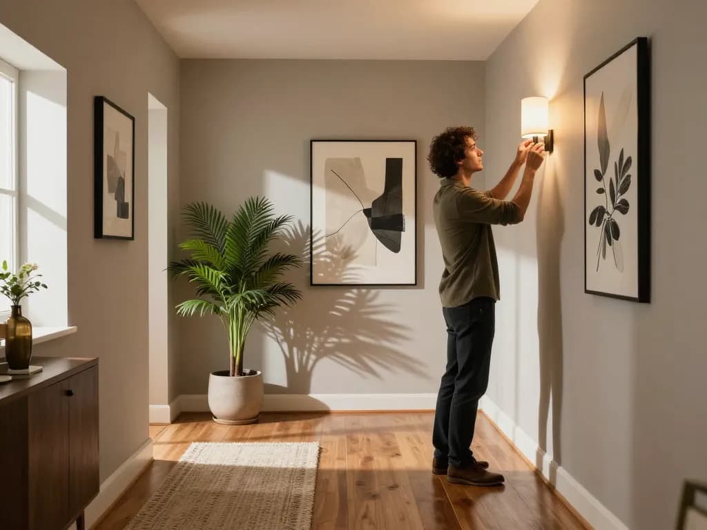 Modern hallway light fixtures illuminating a stylish interior with a homeowner adjusting sconce lights.