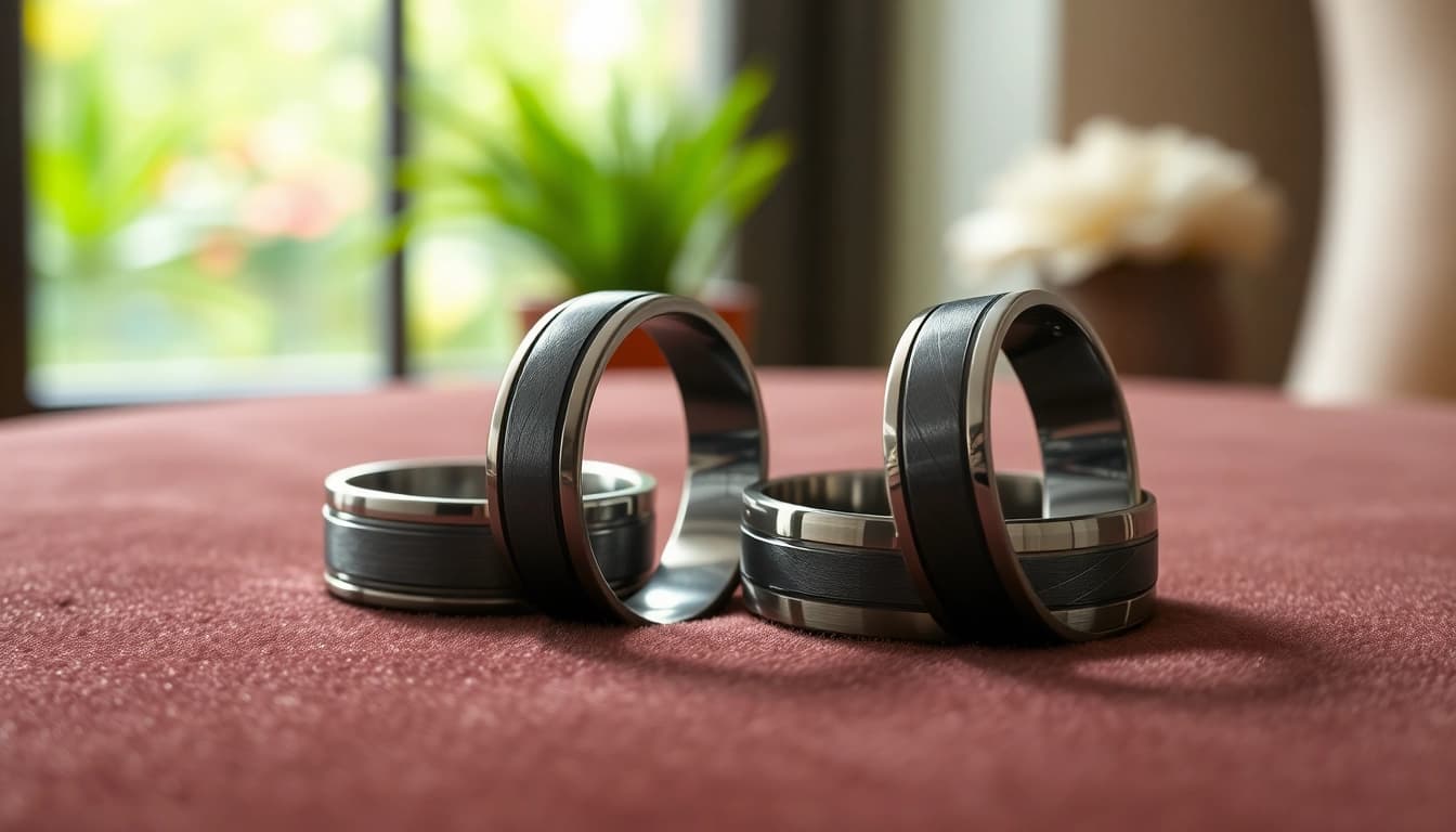 Showcasing gunmetal wedding bands for men with sleek designs and polished finishes on a luxurious surface.