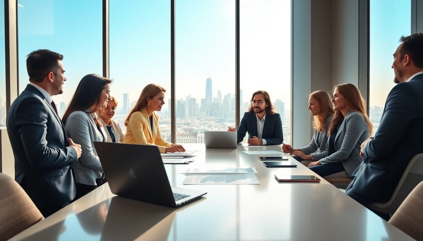 Capture business growth insights through a dynamic office discussion among diverse professionals.