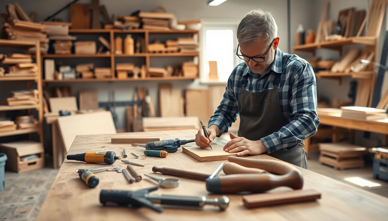 Handwerker optimiert seine Sichtbarkeit mit seo für handwerker in einer hellen Werkstatt.