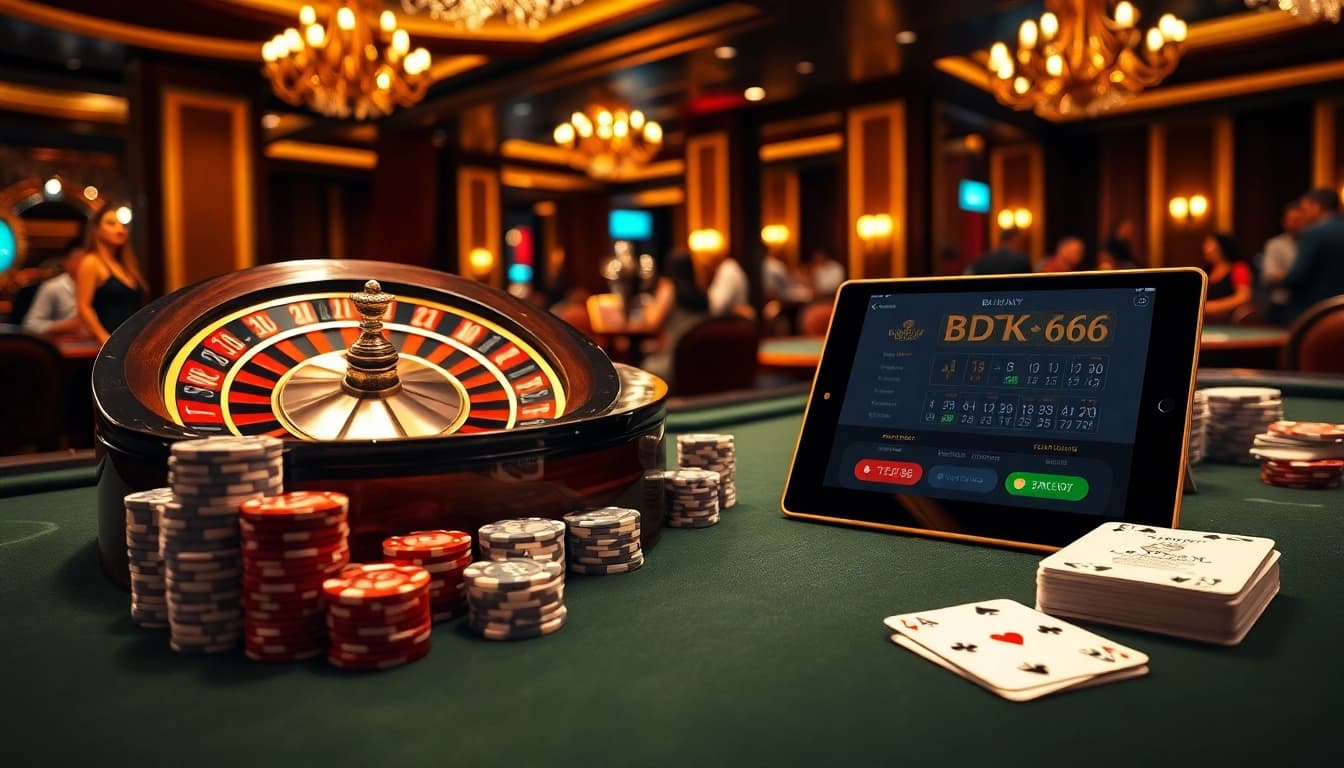 Engage with BDTK666 in a stunning casino scene featuring roulette, poker chips, and a sleek tablet.