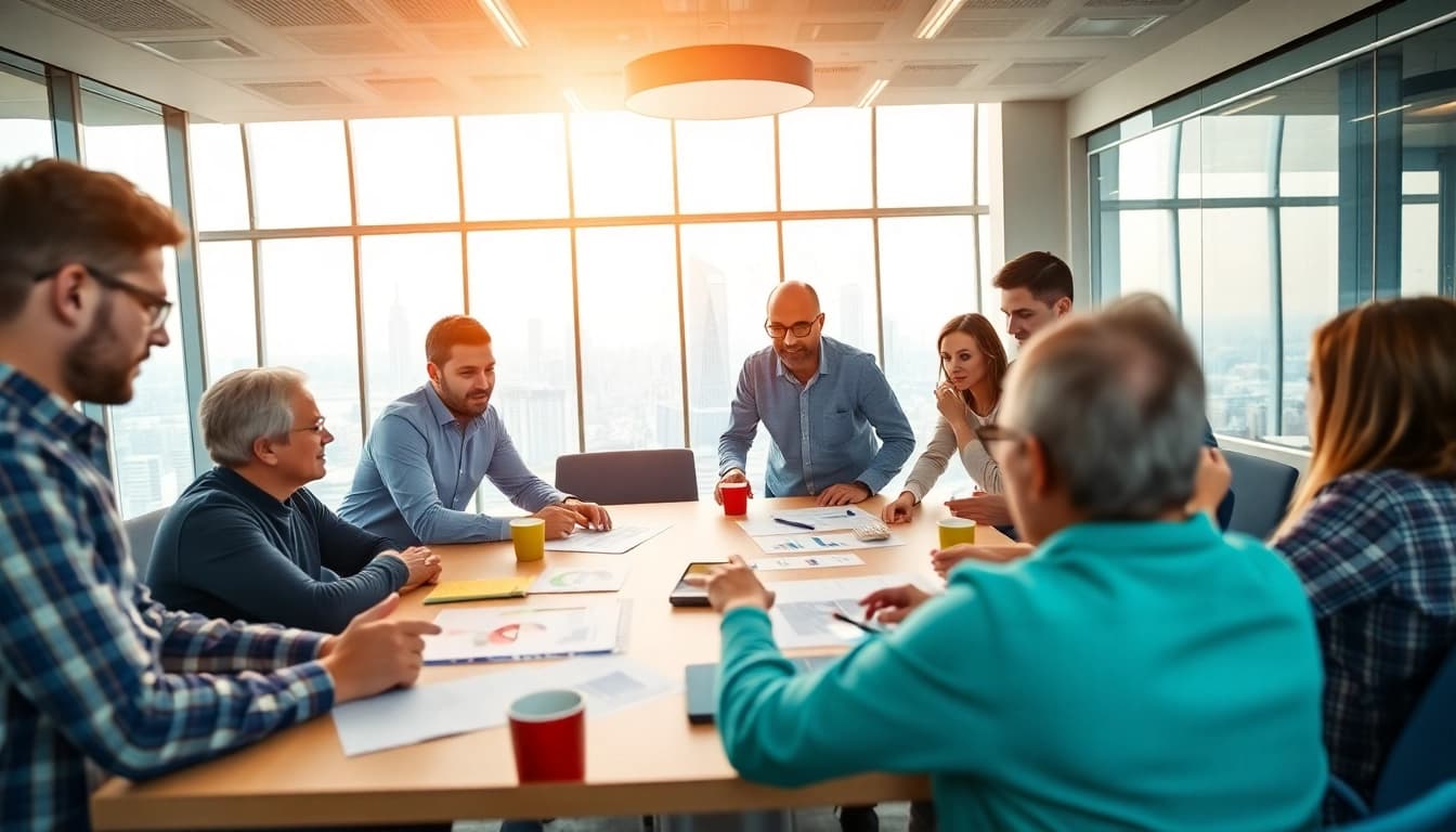 Business team collaborating and brainstorming in a modern office environment.