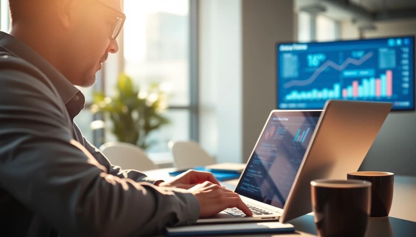 Analyze SEO performance with a professional strategist studying analytics data in a modern office.