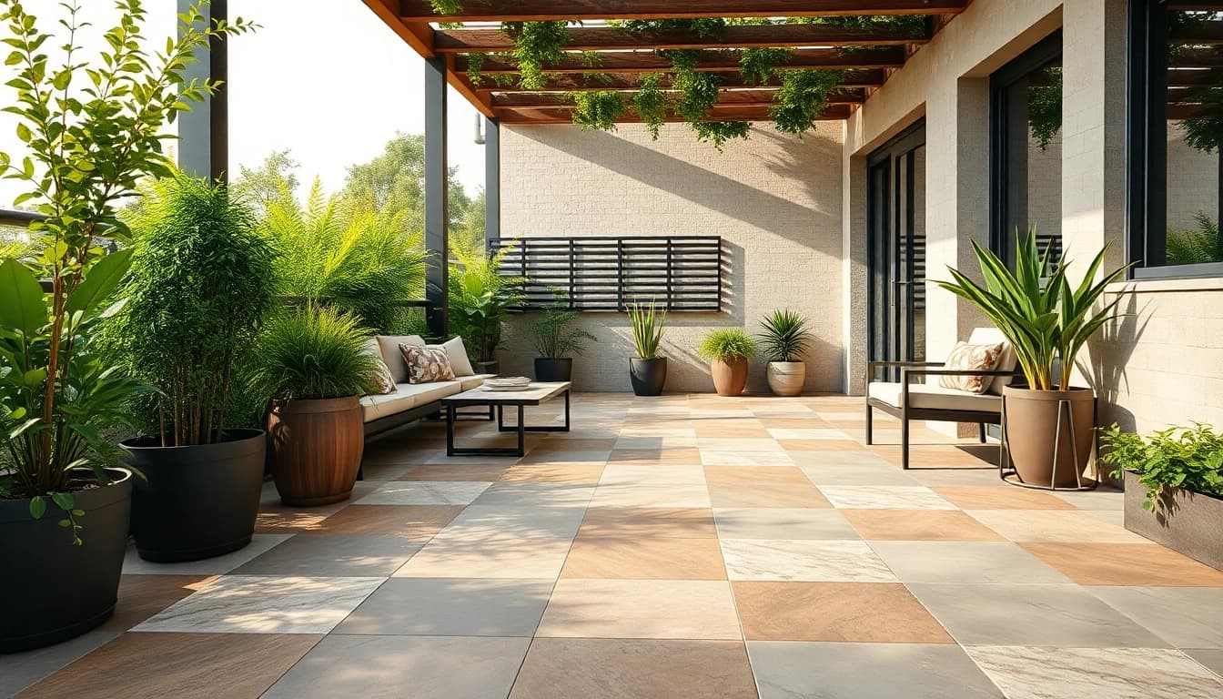 Carrelage extérieur élégant utilisé sur une terrasse extérieure chic