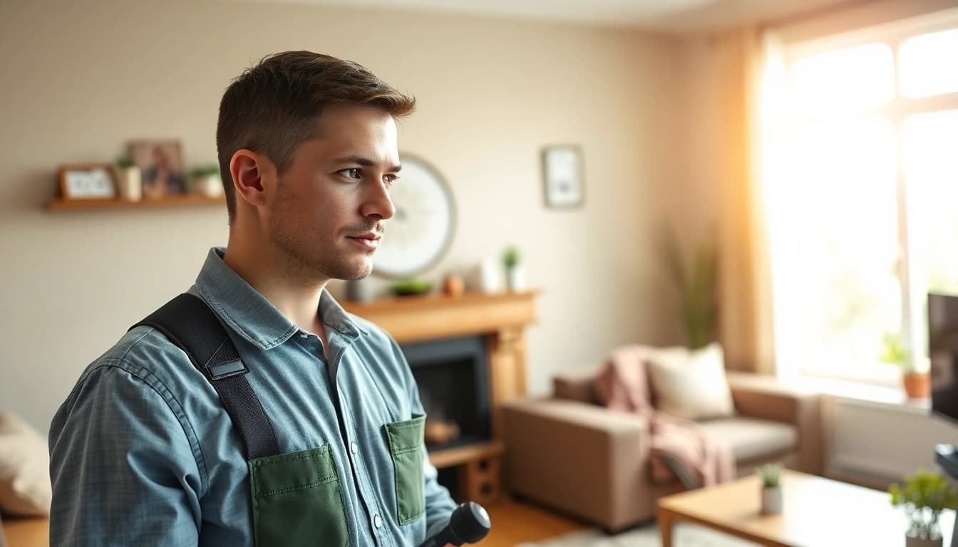 Affordable exterminator technician at work in a comfortable home setting.