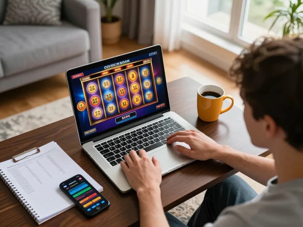 Engaged player enjoying uu88 net slots on a laptop at home, showcasing responsible gaming atmosphere.