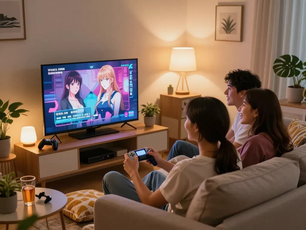 Couple engaged in a sex simulator game on a cozy couch, capturing playful expressions and intimate atmosphere.