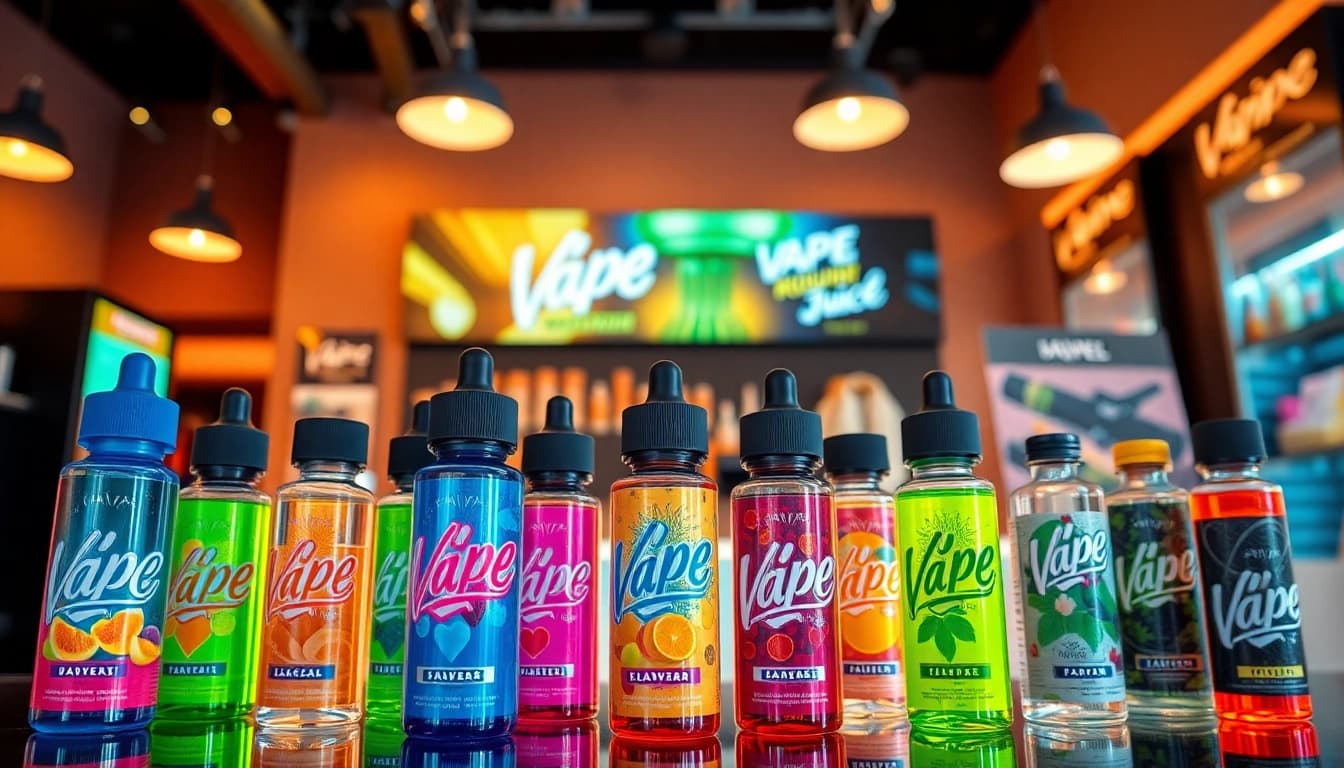 Explore Vape Juice Depot's vibrant selection of e-liquid bottles in a modern retail display.